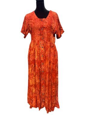 Vintage 90's button front tie back artsy pleated midi dress size S tie dye